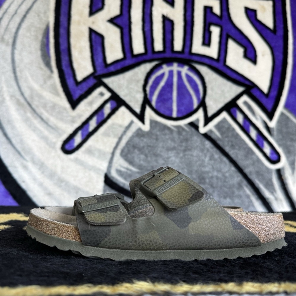 Size 38/W7/M5 - Birkenstock Arizona Birko-Flor Narrow Camo Green Sandal